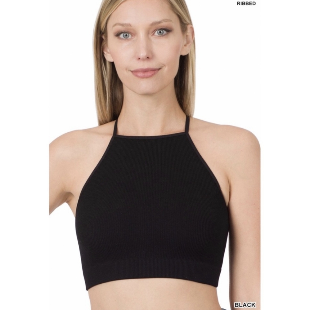 Black Ribbed Seamless Cami Crop Top w/ Criss-Cross Back